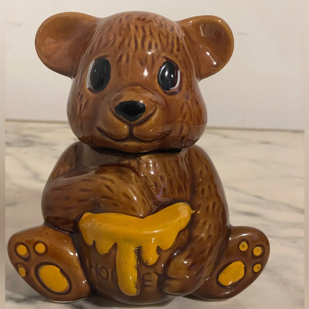 Vintage Ceramic Teddy Bear Honey Pot Jar Canister With Lid 5.5” Taiwan